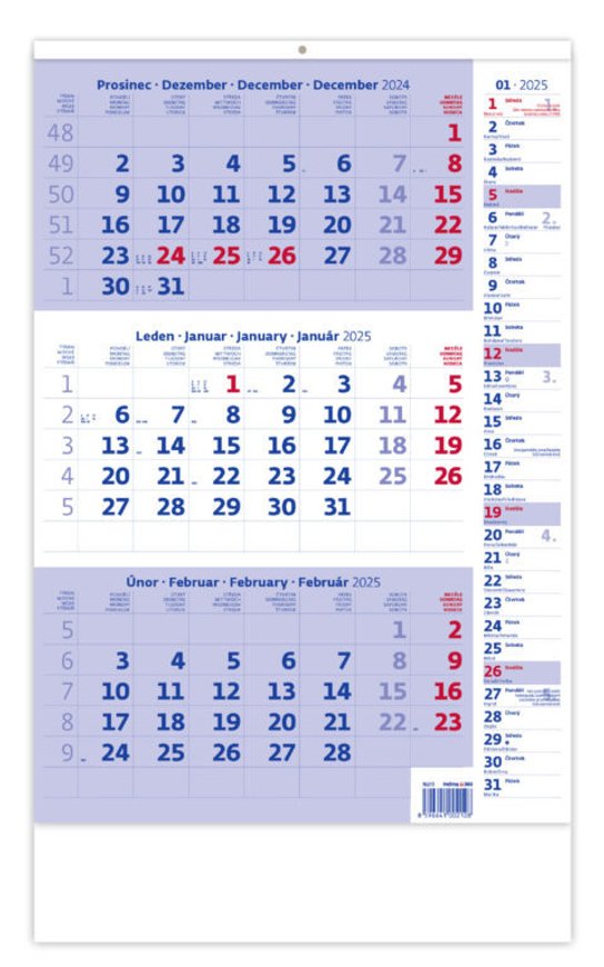 Tříměsíční kalendář modrý s poznámkami 2025 - nástěnný kalendář