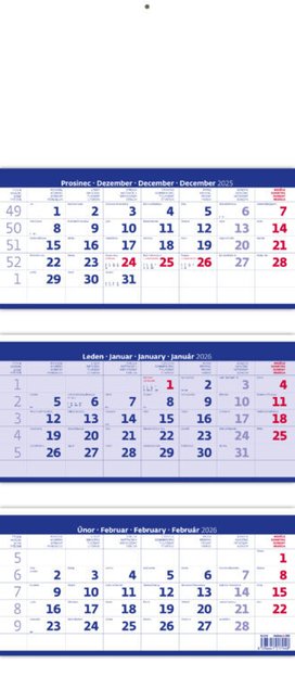 Tříměsíční kalendář skládaný modrý 2026 - nástěnný kalendář